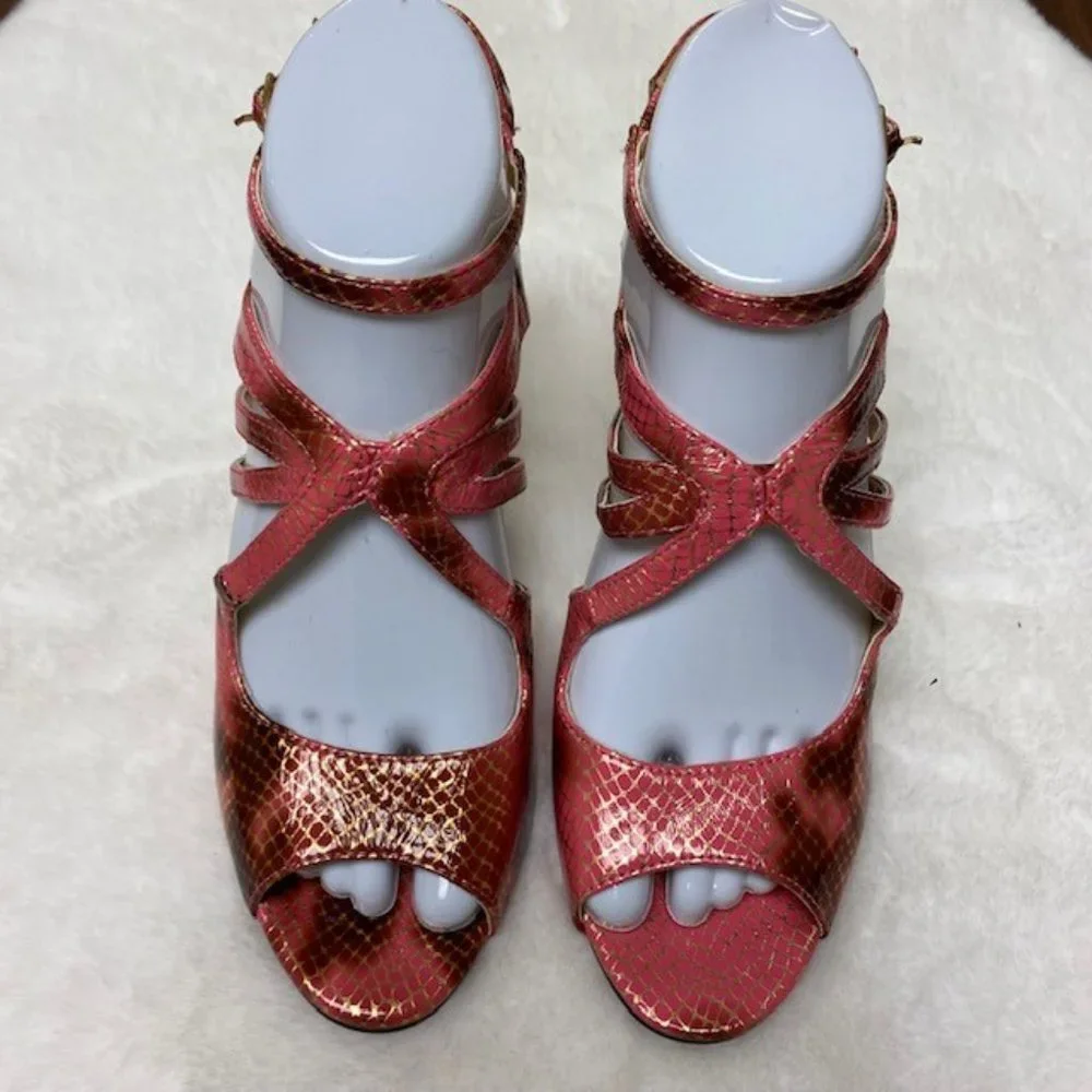 WILD ROSE Gold Pink Strappy Faux Snake Heels, size 7‎